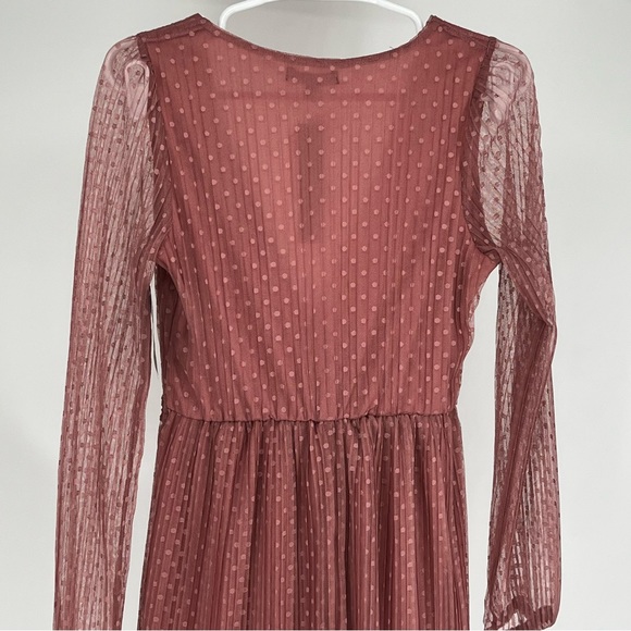 KENEDIK NWT WOMEN’S PLEATED DOT MESH LONG SLEEVE DRESS PINK MAUVE MEDIUM - Picture 7 of 11